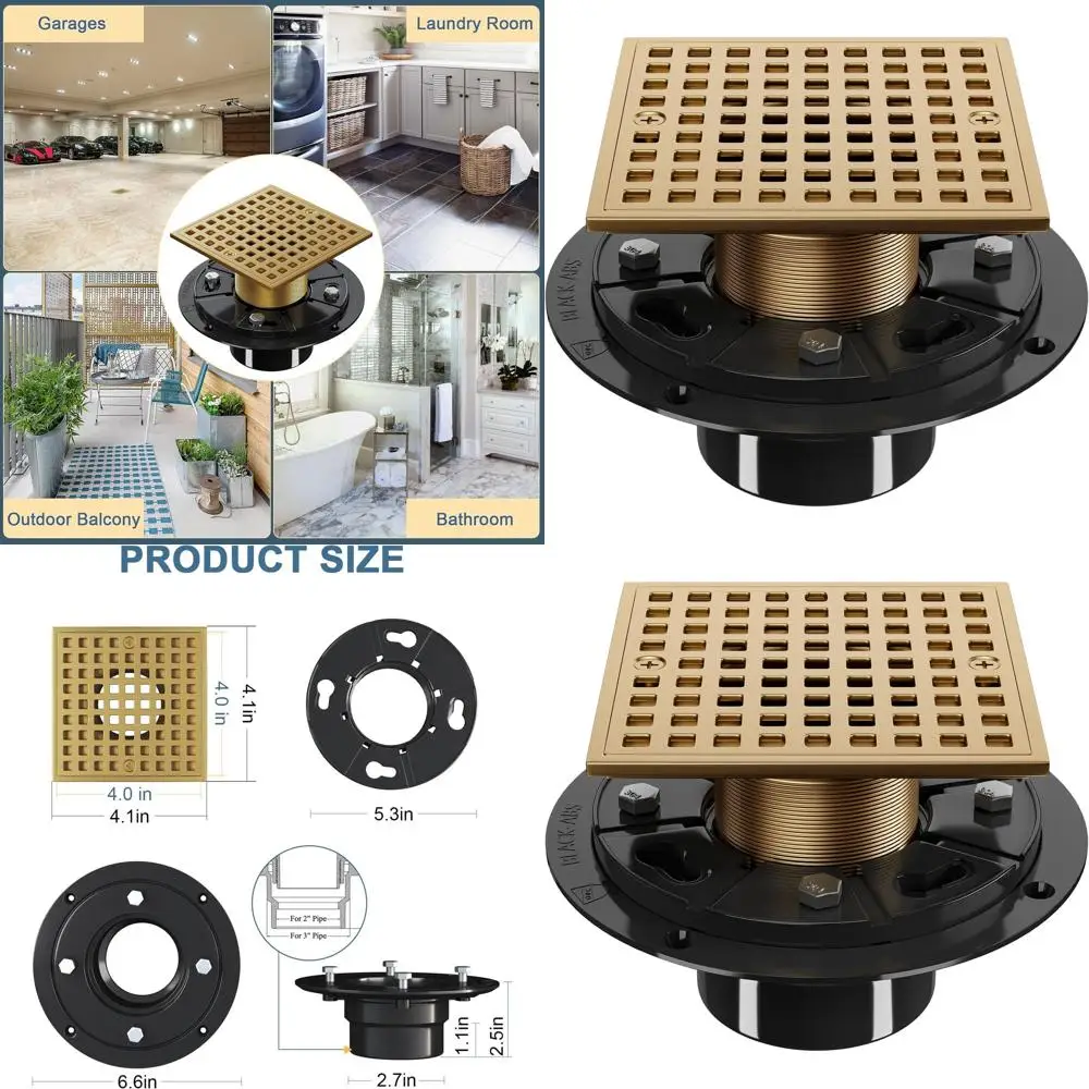 

4 Champagne Bronze Square Shower Drain with ABS Flange and Removable Grid Cover - SUS304 Stainless Steel Drain Kit