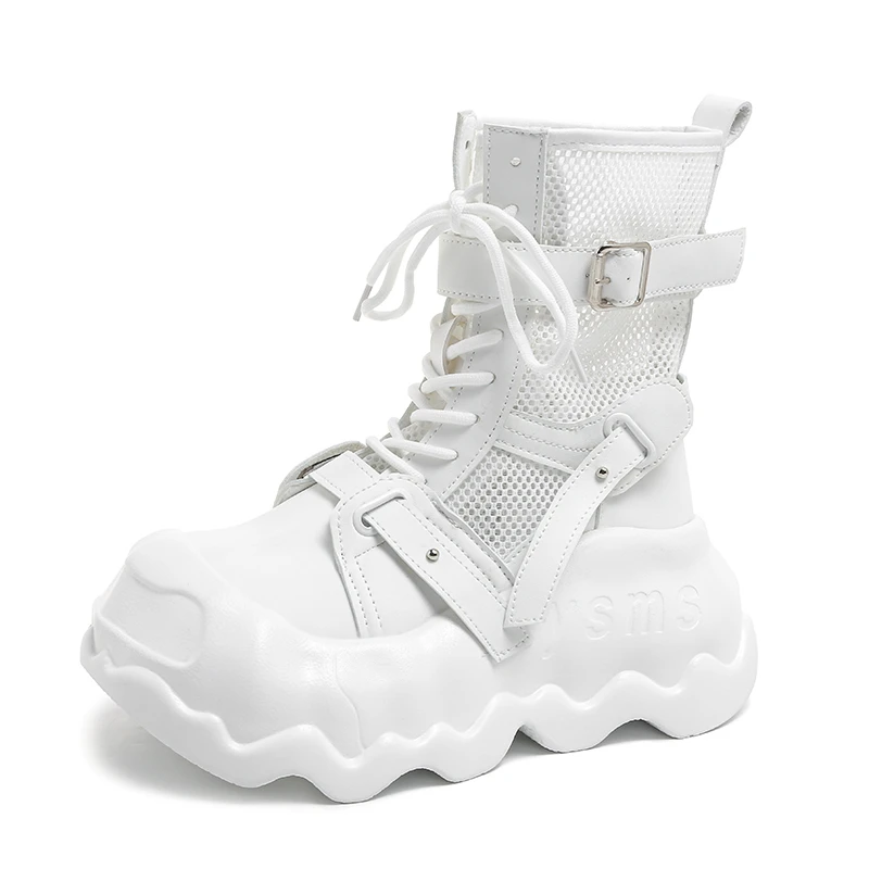 

8CM Women's Leather Ankle Boots Summer Heels Chunky Sneakers High Platform Zip Motorcycle Fashion Big-headed Short Boots Woman