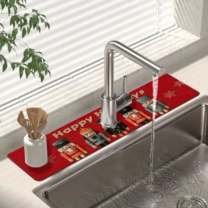 VIKAMA Nutcracker Christmas Faucet Mat Red Soldier Non Slip Absorbent Kitchen Sink Pad For Countertop Basin Xmas Decor