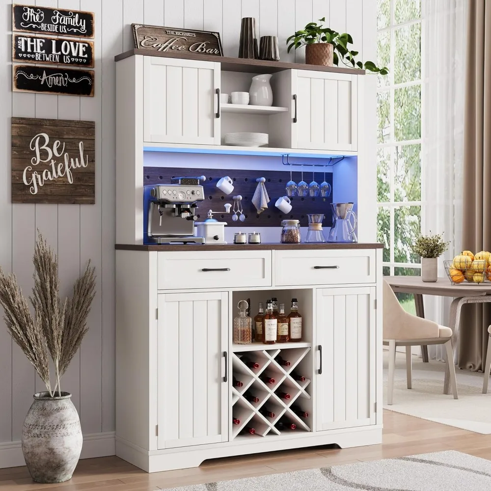

72" Coffee Bar Cabinet With Power Outlet & Led Light, Farmhouse Large Kitchen Hutch With Sliding Barn Door, Tall Bar Cabinets