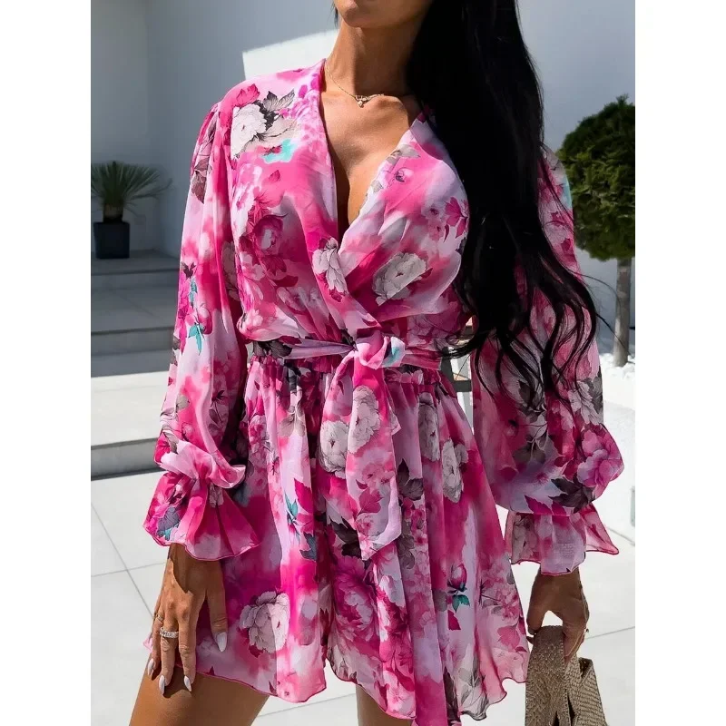 

New S-XXL Women's Fashion Autumn Printed Long Sleeve Beach Jumpsuit Ladies Casual Floral Jumpsuit Shorts