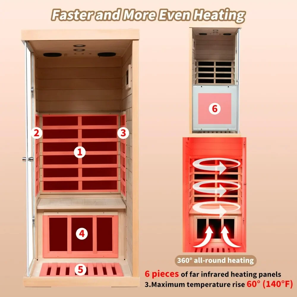 Far Infrared Sauna Room, 1 Person Sauna, 060W Indoor Sauna, 1 Bluetooth Speakers, 1 LED Reading Lamp Hemlock Wood Sauna Room