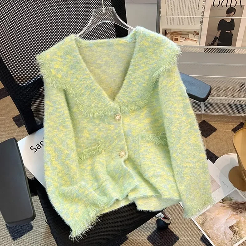 Autumn New Style French Temperament Coll Collar Knitted Kardigan Fashionable Casual Versatile Sweater Green Jacket Top Women