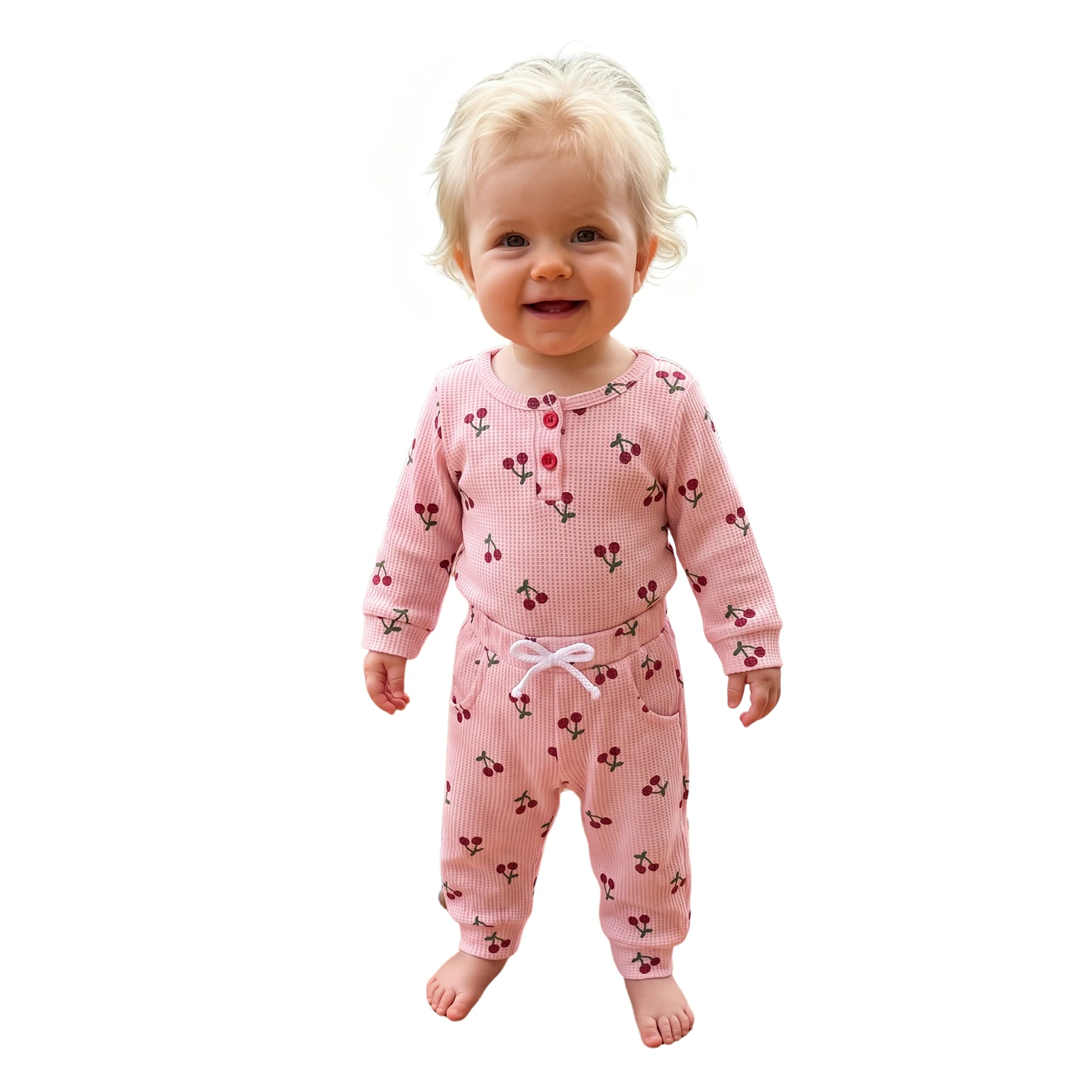 Baby Girls Fall Waffle Outfit Cherry Print Long Sleeves Romper and Pants