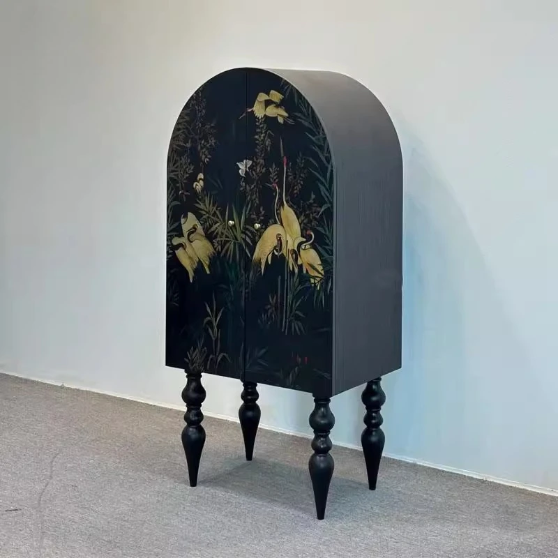 

Retro solid wood entrance wine cabinet in the ancient style crane living room against the wall semi-round black