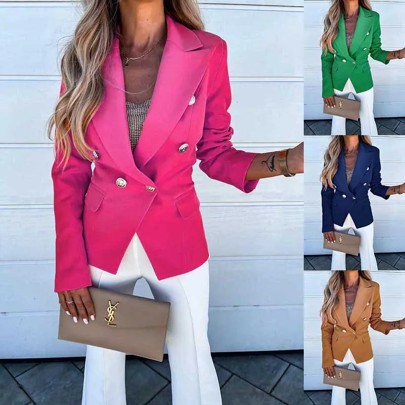 Women Autumn Winter New Casual Solid Color Long Sleeve Double Breasted Blazer Jacket Coat