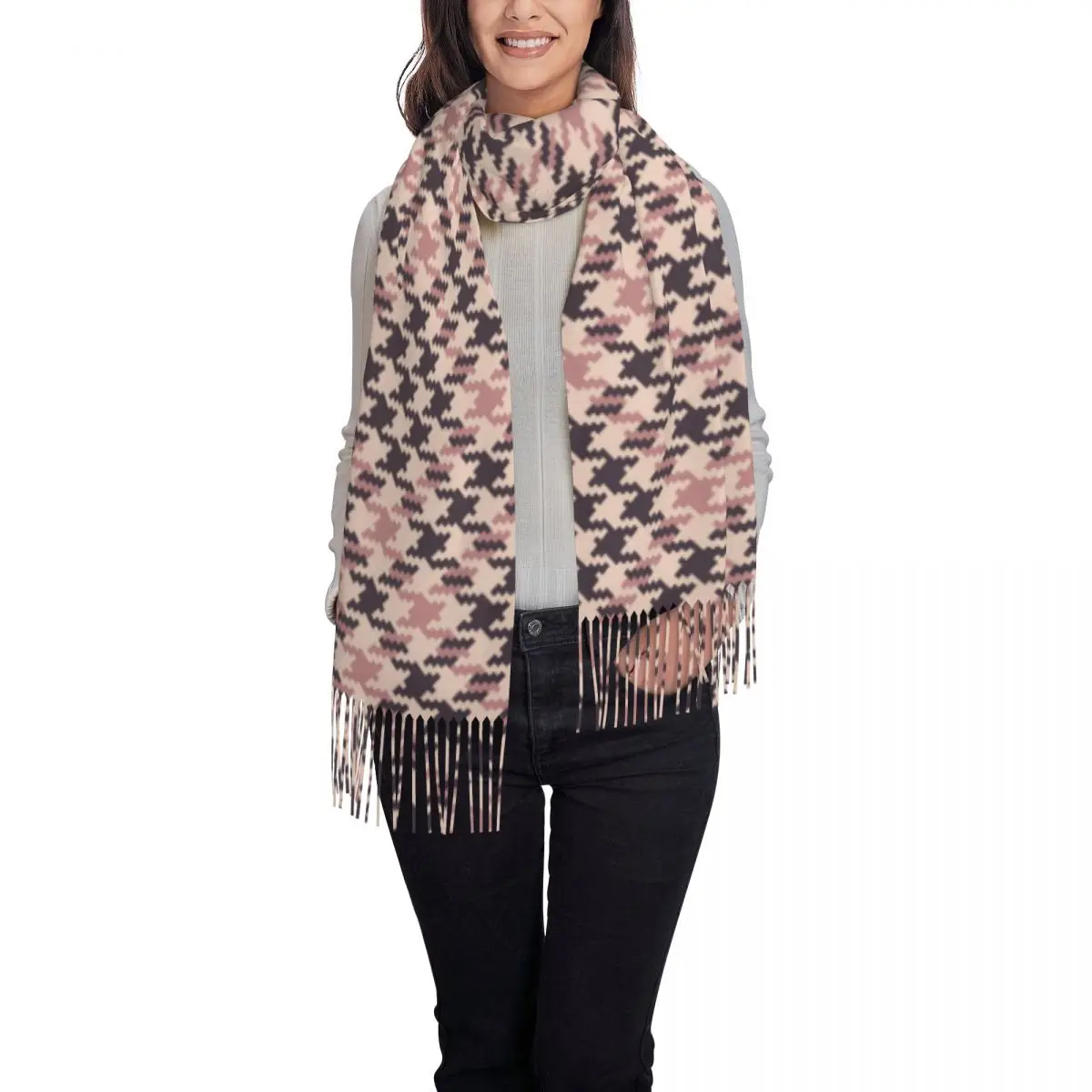 Abstract Pattern Scarf Houndstooth Print Keep Warm Shawl Wraps with Long Tassel Unisex Casual Scarves Wraps Autumn Foulard