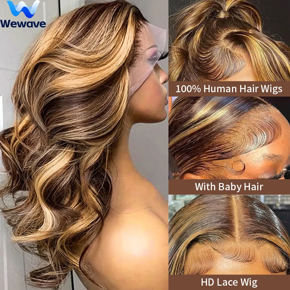 

Парики из натуральных волос Wewave Body Wave P4/27 Highlight 13x6 Lace Frontal Wig Human Hair Hd Lace Wigs Pre Cut Baby Hair Wigs For Woman