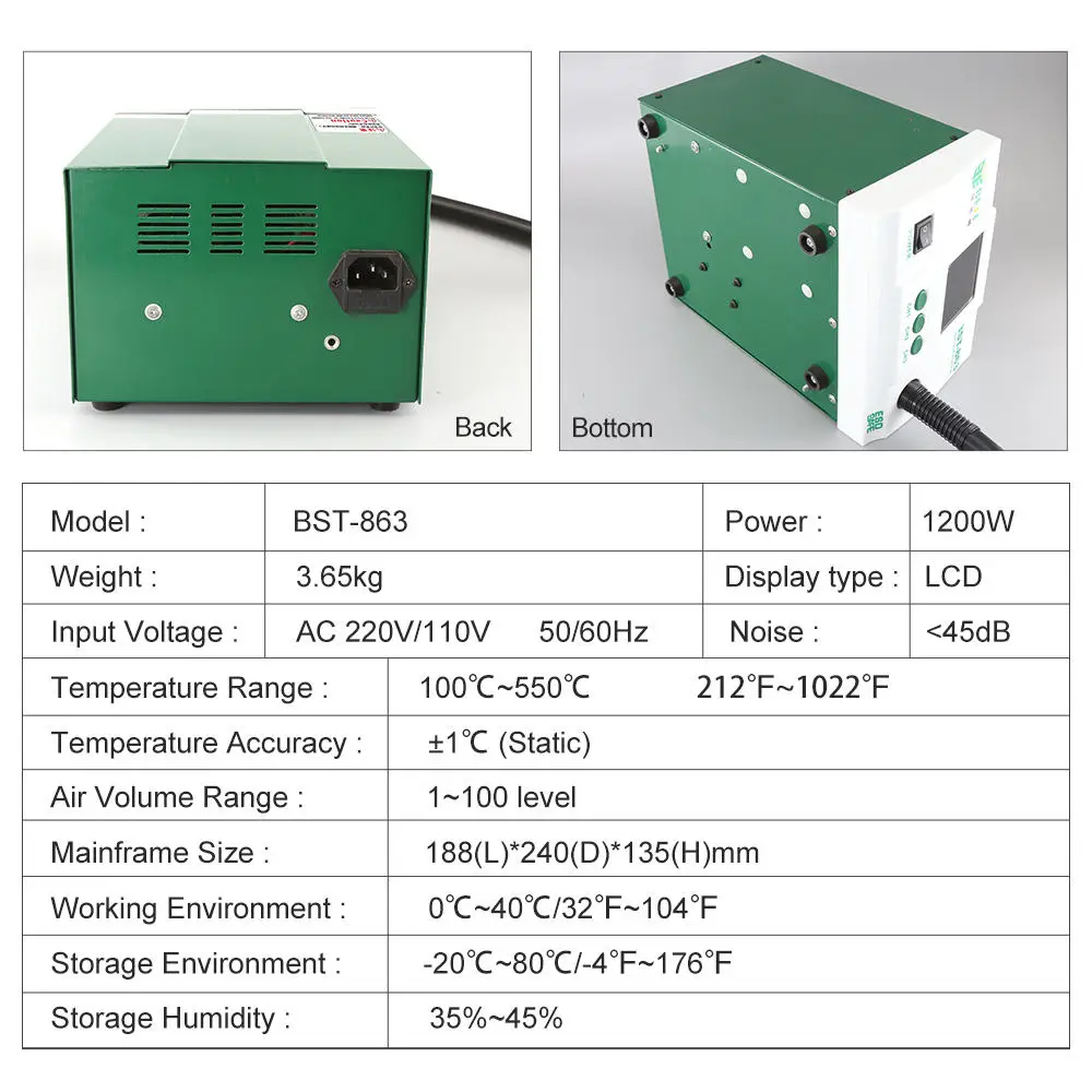 BST-863 Pistola de calor de gran potencia de 1200W, Control de pantalla táctil inteligente sin plomo, pantalla LCD de temperatura constante, estación de desoldar