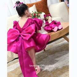 Sevintage Cute Hot Pink Baby Flower Dresses Bow Puff Sleeves Birthday Gifts Wedding Dresses For Kids ropa de niña Customized