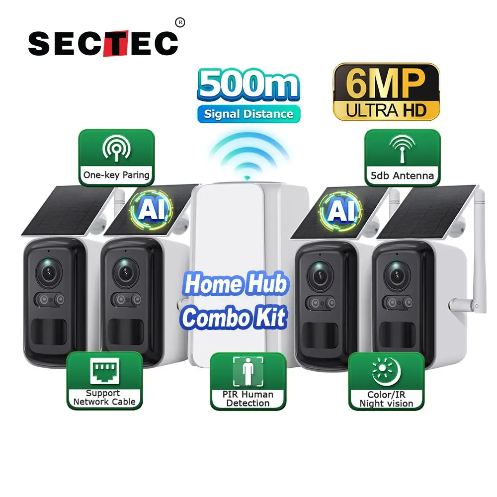 

SECTEC PTZ Camera HD 6MP Outdoor IP Security Home Hub Combo Kit Wifi Repeater 4-Cam Pack Solar WIFI Solar Network Camera Kits