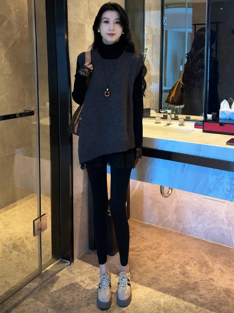 

Fashionable Knitted Vest Set Women's Sleeveless Base Shirt Two-Piece Set Autumn Winter New Arrival Irregular Design Small Size