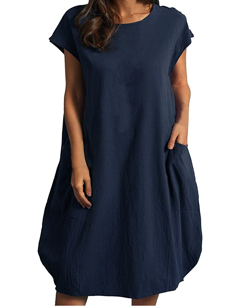 2025 Europe and America Cross border Foreign Trade New Casual Round Neck Loose Solid Pocket Dress