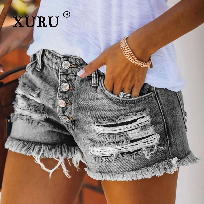 XURU - New Women's Ripped Denim Shorts, Straight Leg Pants, Jeans, Summer Pants