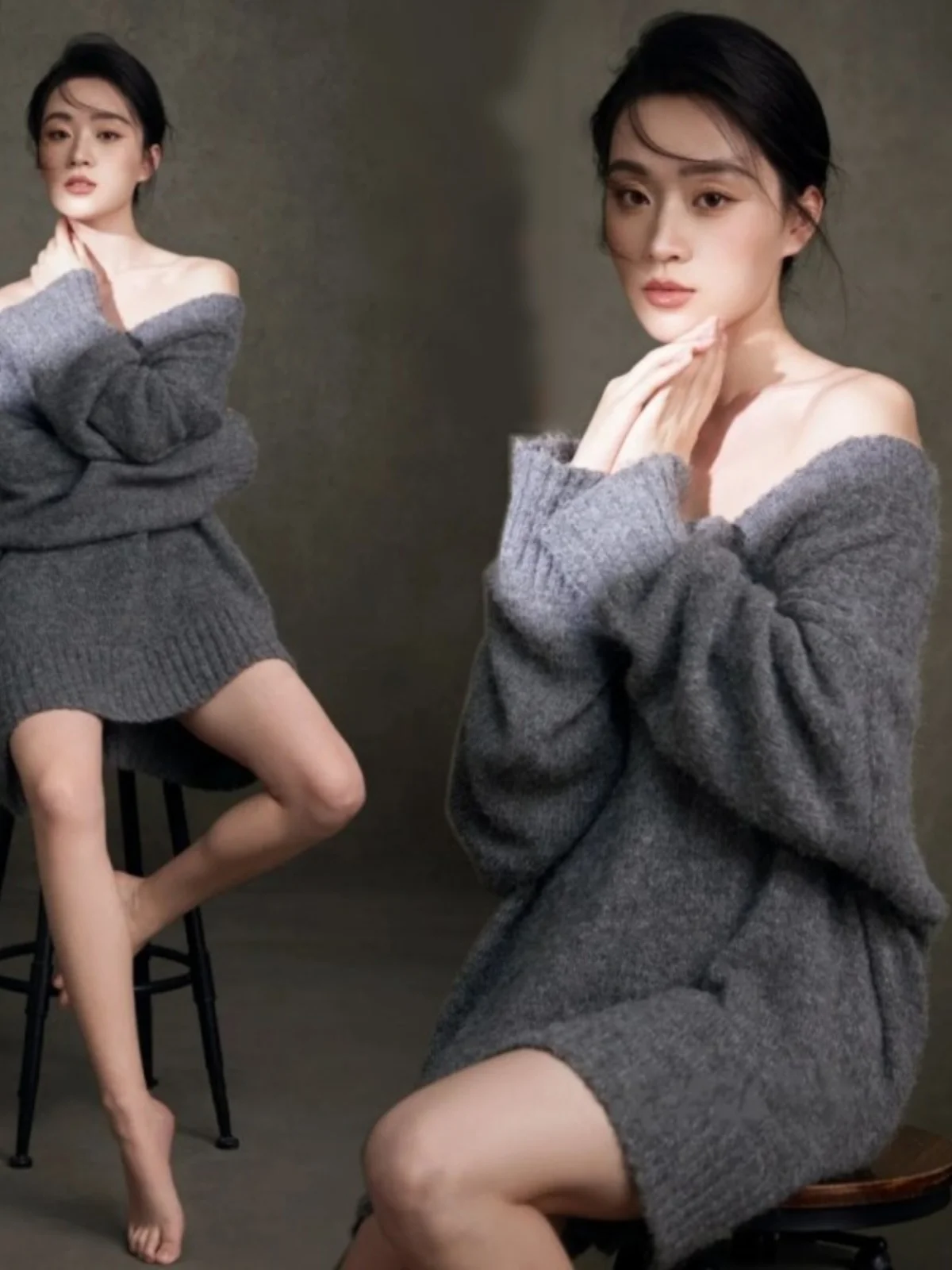

Серый свитер для портретной фотосъемки: новая корейская коллекция, элитный стиль, свитер для девушек, одежда для фотосессий в стиле Lazy Feelings