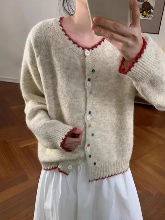 

Ladies Knitted Open Cardigan Autumn 2025 New Style Color Buckle Sweater Coat Lazy Early Autumn Top Loose Fit Long Sleeve roun...