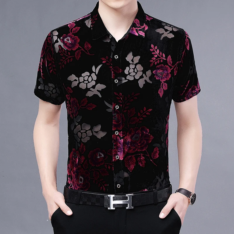 

High Quality Transparent Red Follow Shirt For Men Fashion Desiger Short Sleeve Velvet Shirt Spring Summer Office Party Shirt