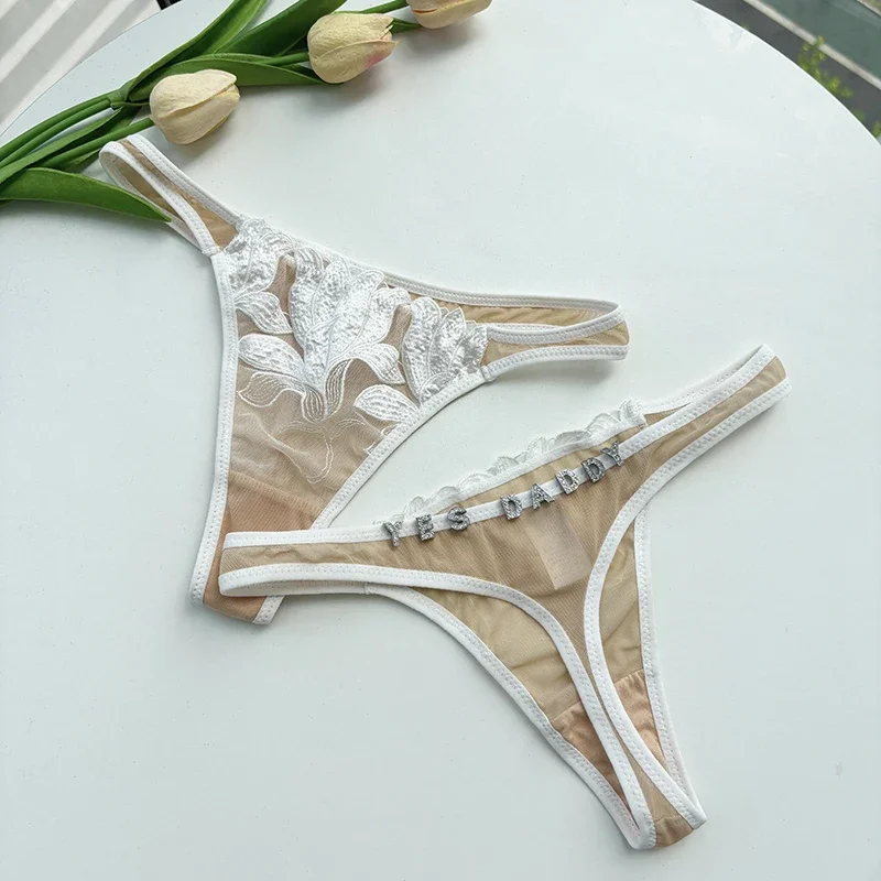 Custom Name Thongs Crystal Letter Lace Embroidery Flower Sexy Woman Panties Personalized G-String tanga For Wife Lovers Gifts