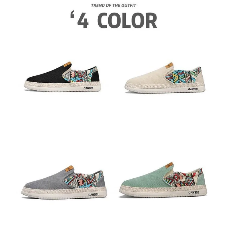 Men's Ethnic Print Slip On Canvas Espadrilles 2026 Summer Breathable Handmade Straw Sole Daily Casual Walking Footwear