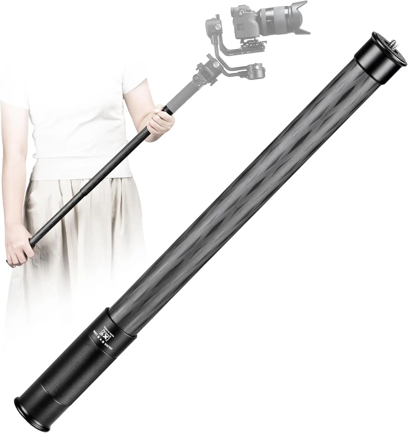 Poste de extensión de cardán de fibra de carbono Monopié de 2 secciones con tornillo de 1/4', extensible de 14'-25' para cámara y teléfono inteligente