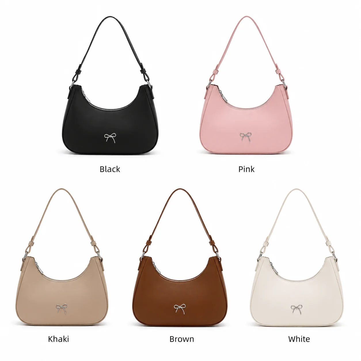 Womens Crescent Shoulder Bag with Bow Detail, Adjustable Strap, Zipper Closure, Solid Color Underarm Hobo Purse