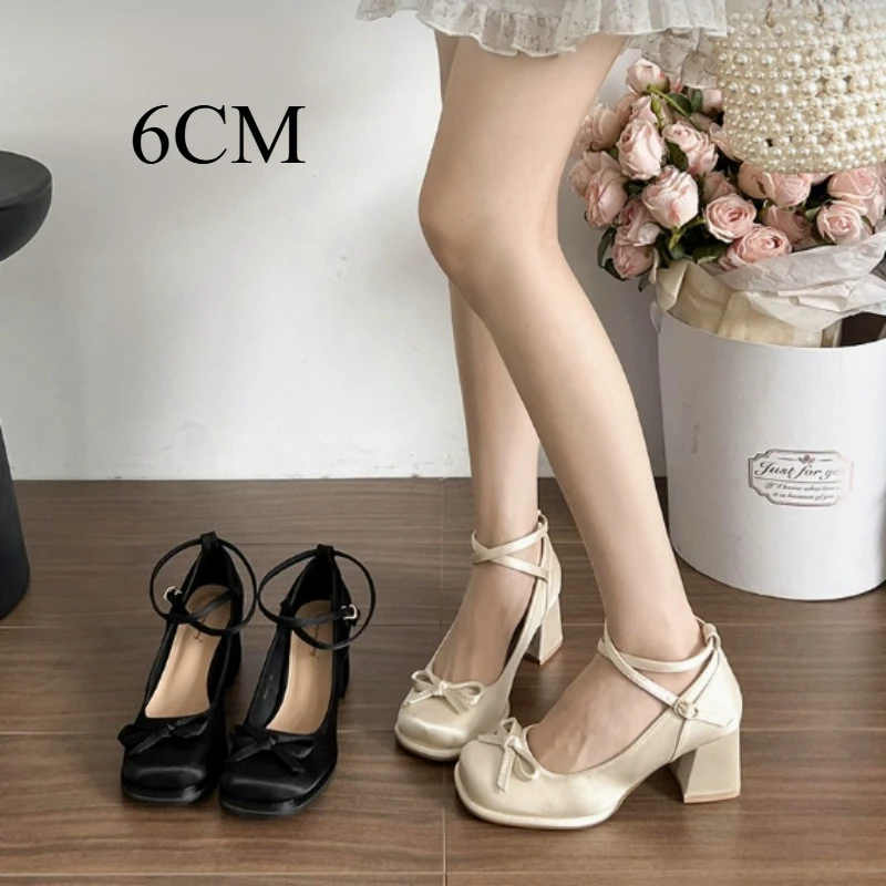 Primavera 2026, moda para mujer, tacones altos con lazo, punta redonda de cuero, zapatos de tacón Retro suaves y poco profundos con hebilla y correa, tacones de vestir elegantes para mujer