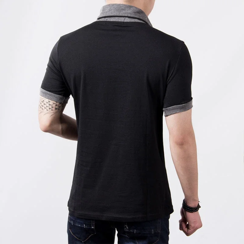 New Plus Size Summer Mens T-Shirts Fashion  Slim Short Sleeve Patchwork V Neck Cotton Black T Shirt Men Button Tops & Tees