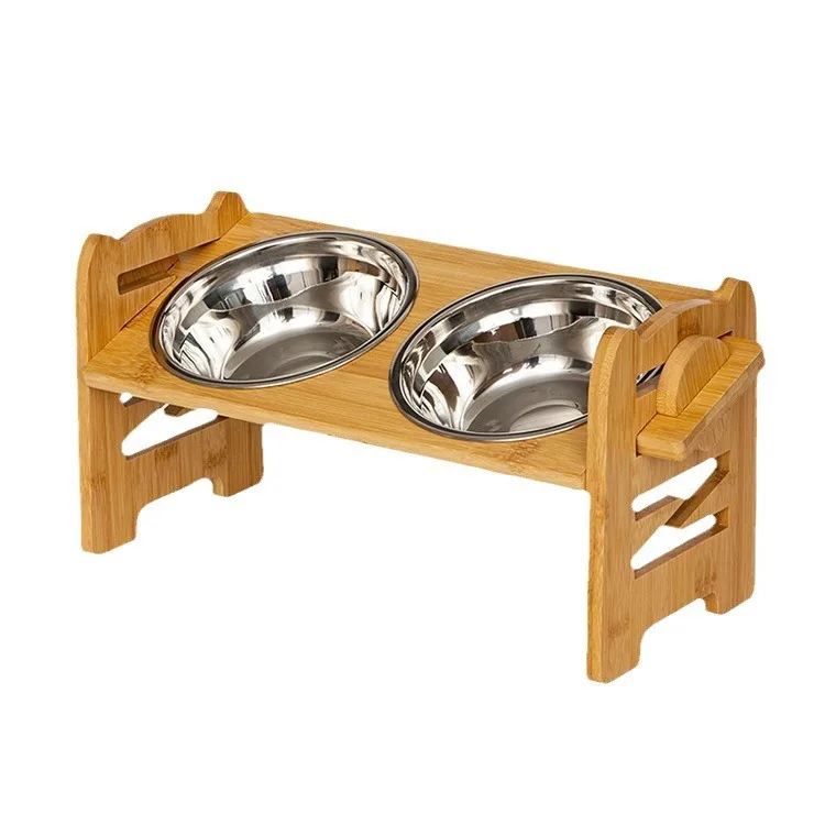 Bamboo and Wood Pet Dog Food Double Bowl Stand Feeding Rack Cat Bowl Rack Feeding Device Pet Bowl Stainless Steel Meal Rack