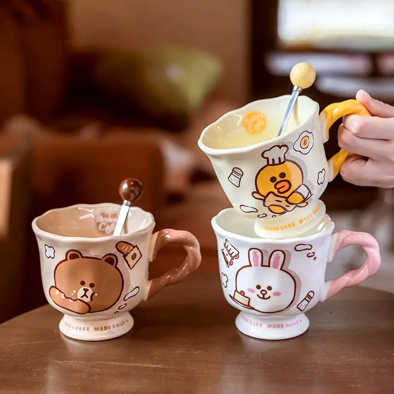 

New Kawaii Brown Bear High Footed Ceramic Cup Cute Couple Makeup Cup Water Cup Spoon Gift for Girl's Best Friend Gifts for Kids