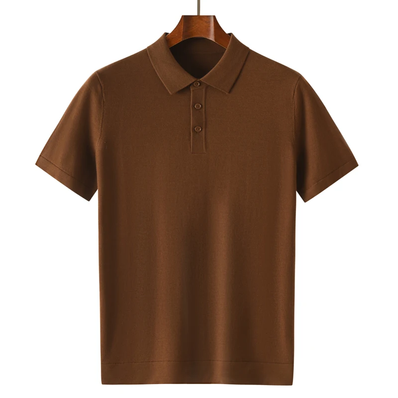 60 Count Ultra-Fine Spun Poplar Yarn 100% Wool Polo Collar Short-Sleeved Men's Thin Knit T-Shirt Breathable and Comfortable