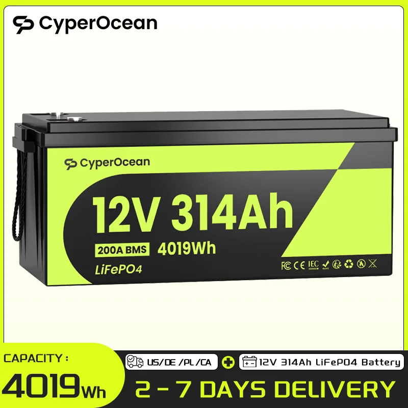 

Литиевая батарея CyperOcean LiFePO4 12В 314Ач с защитой от низких температур, встроенным BMS 200А, 15000 циклов, для фургонов, гольф-каров, лодок, автодомов, кемпинга