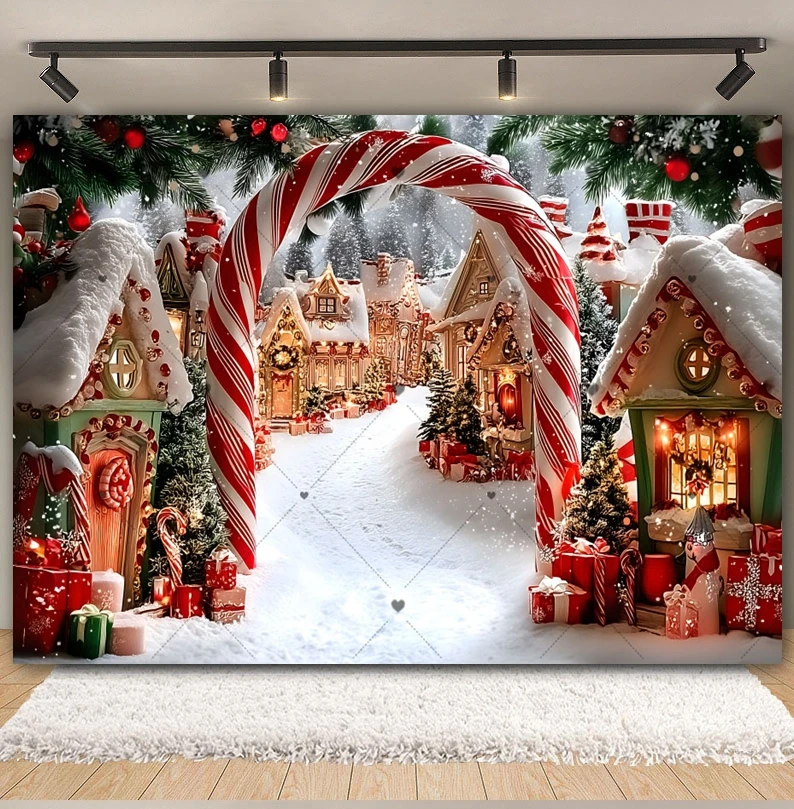 Winter Kerst Fotografie Achtergrond Kerst Stad Snoep Huis Krans Boog Decoratie Jongens Meisjes Portret Achtergrond Fotostudio