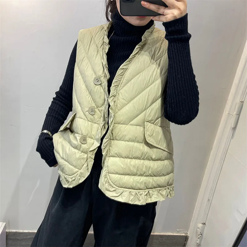 Winter Women V Neck Ruffles Bigsize Waistcoat Jacket Light Thin White Duck Down Vest Parkas Lady Sleeveless Short Warm Tank Coat