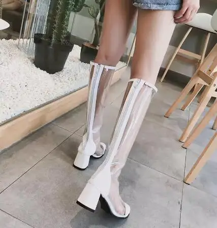 Retro Girls White Black Red Patchwork Transparent PVC Square Toe Knee High Boots Women 65 mm Block Heel Zipper Back Long Boots