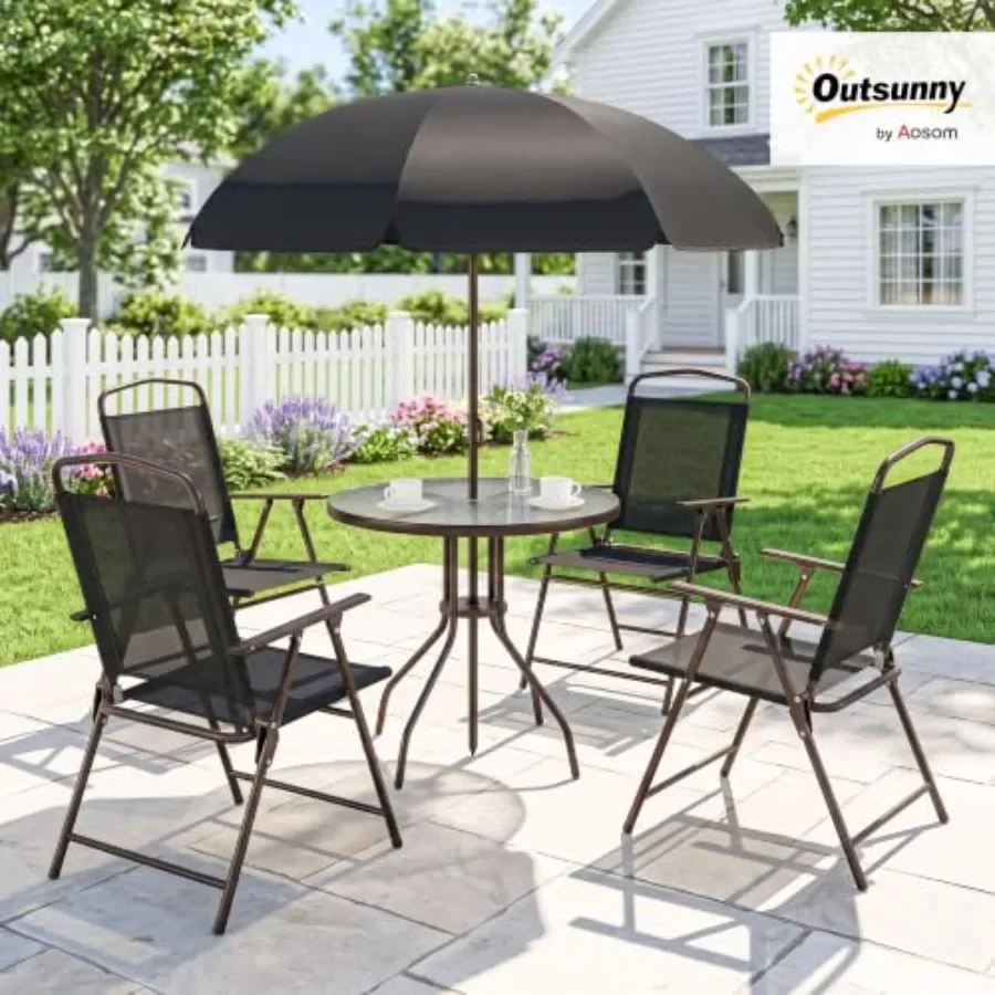 6 Pcs Outdoor Patio Dining Set for 4 with Umbrella Black/Coffee