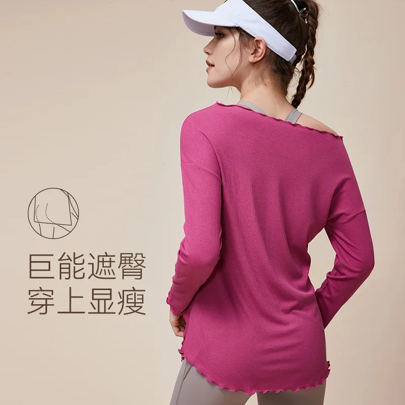 Long Sleeve Women Gym Yoga Fitness Sports Shirts Personality Side Slit Wooden Ear Lace Tops Cover Buttock Easy Knot Elastic Tops