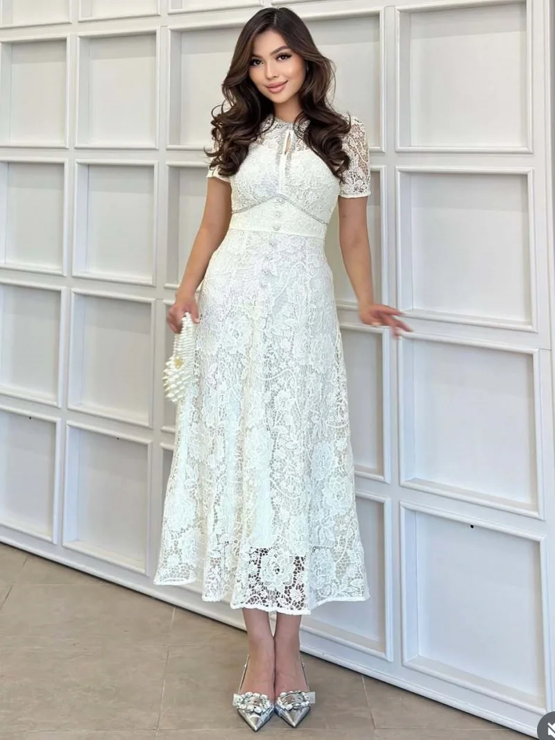 Luxury Hook Flower Hollow Lace Dress Summer Clothing Women Short Sleeve Slim Fit Maxi Long Dresses Birthday Evening Party Dress