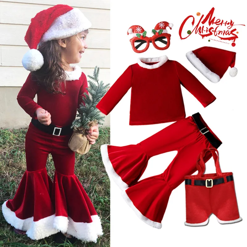 Kids Christmas Elves Costume for Girls Boys Carnival Party Santa Claus Long Sleeves Top+Pants+Hat 2025 New Year Clothes SetP