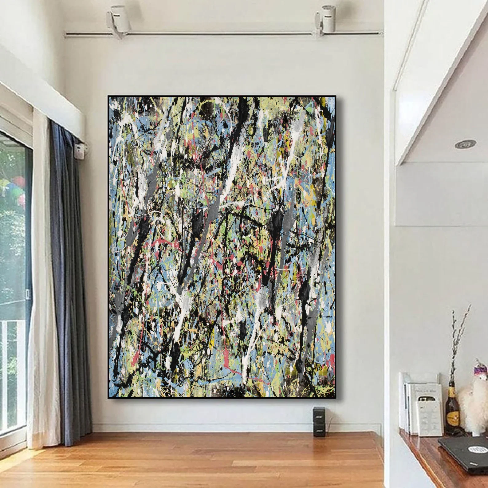 Large Abstract Splatter Canvas Wall Art Jackson Pollock Style Blue Green Black Drip Painting Modern Living Room Home Decor