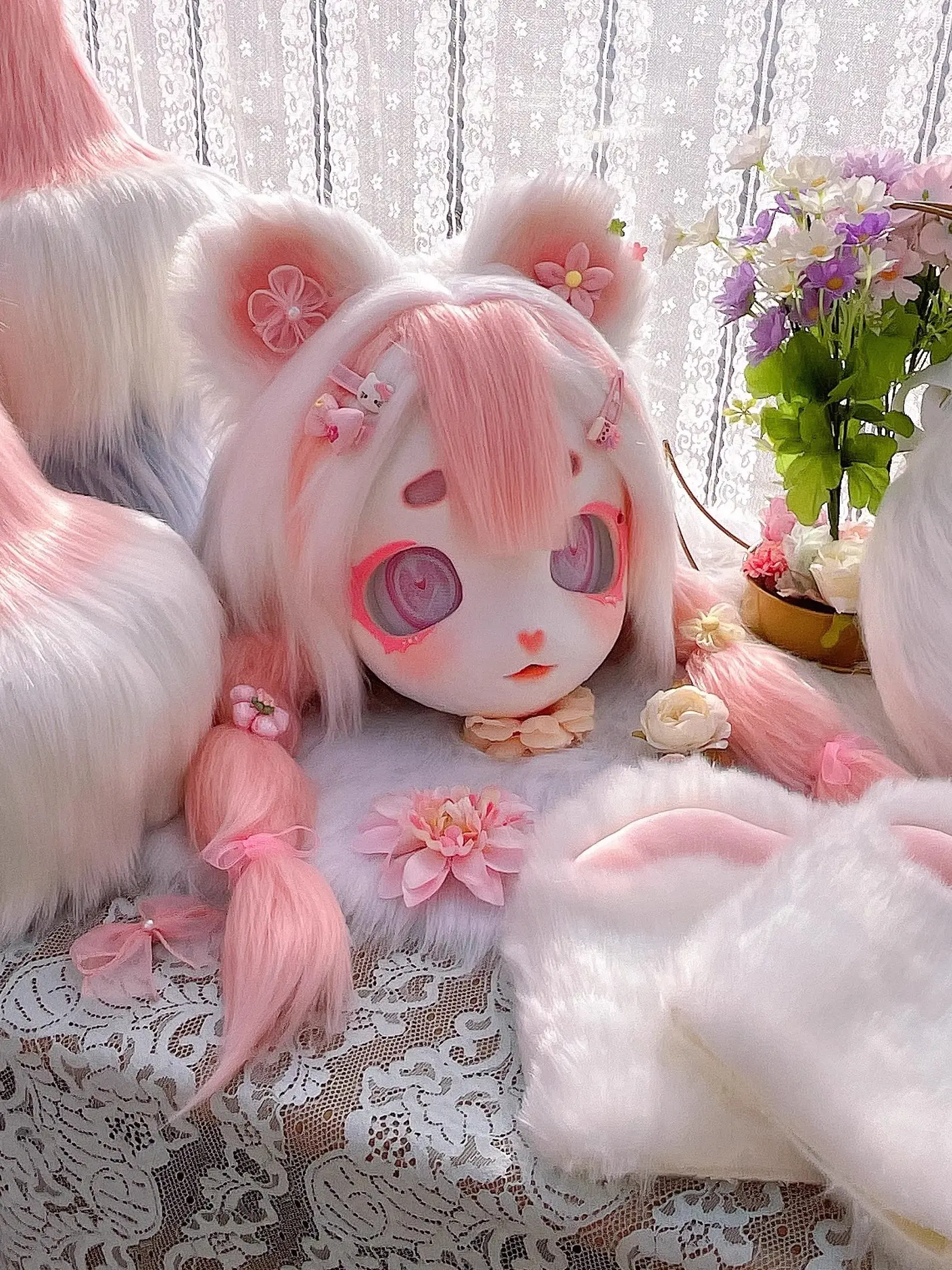 Pink Cat Fursuit Head With Flower Decor Plush Furry Animal Cosplay Mask Cute Kigurumi Party Costume Accessory
