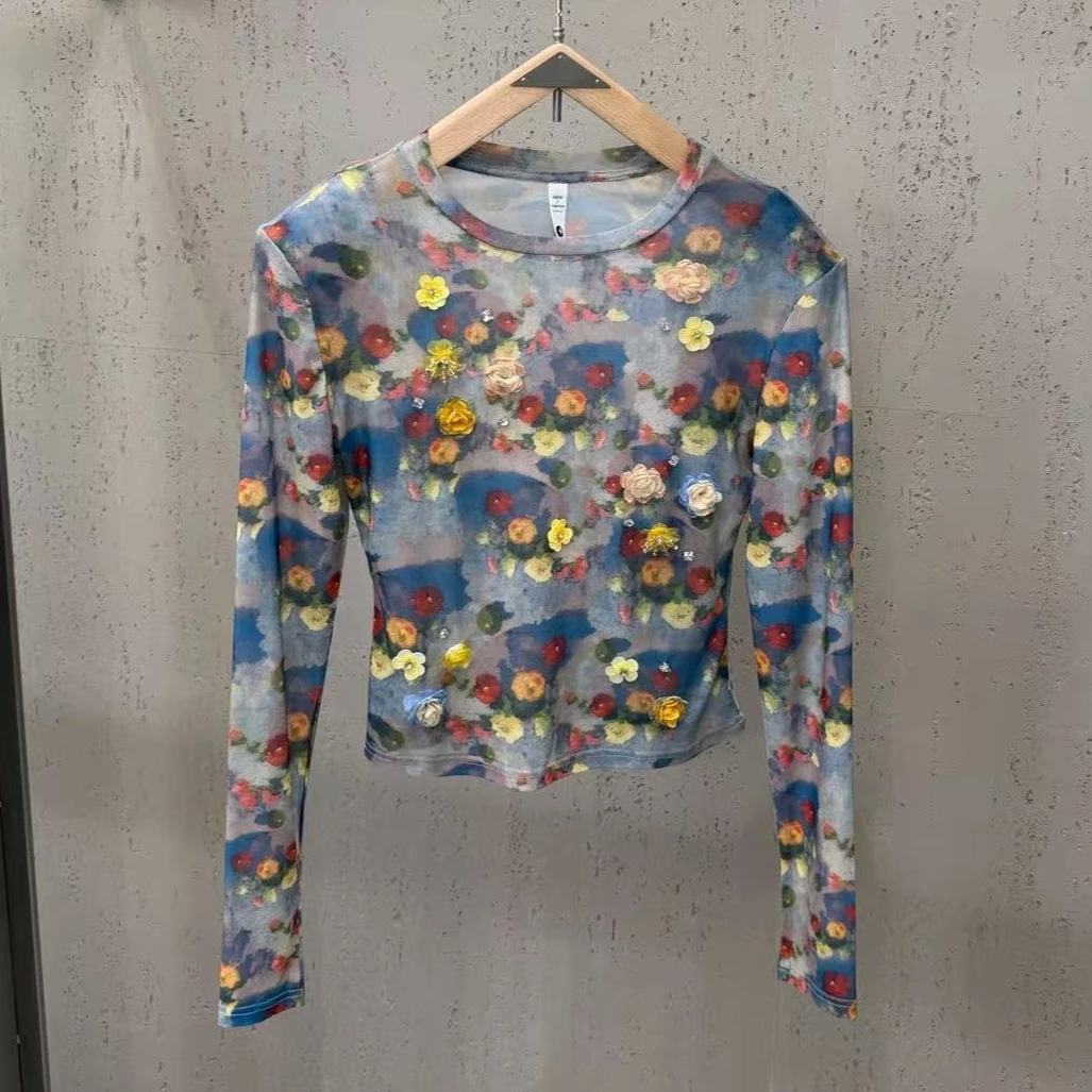 

2026 New Fashionable Chic Colorful Floral Print 3d Embellished High-stretch Mesh Top for Women, Three-dimensional Flower Tshirt