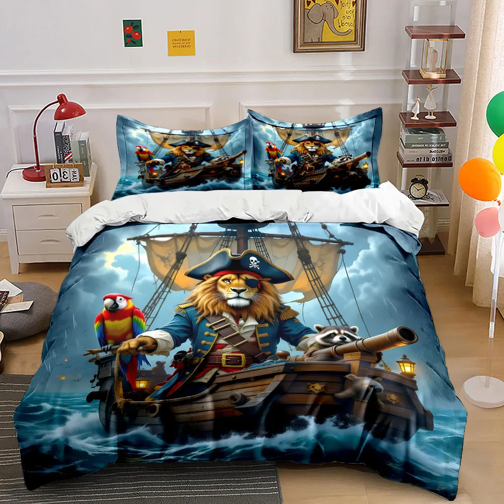 

Pirate lion captain sailing with companions Printed Duvet Cover Set 1 Duvet Cover+2 Pillowcase Multi Size Bedroom Bedding Decor