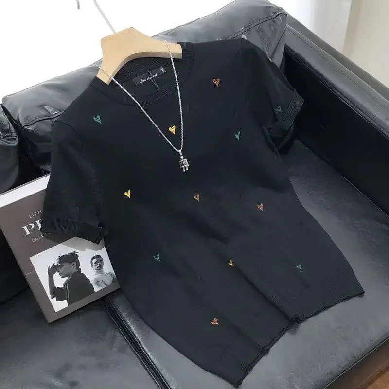 Luxury High-end Embroidery Knit Sweater Mens Short Sleeve Tops Spring Summer T-shirt Design Trendy Pullovers Tees Black Tops New