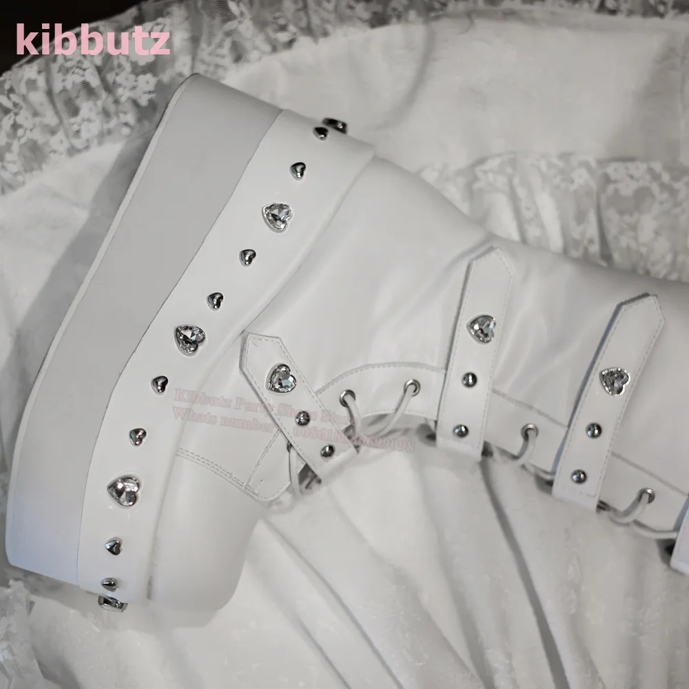 Diamond Knee High Boot Platform Glossy Genuine Leather Round Toe Belt Buckle Lack-Up Solid White Fashion Subculture Y2k Hot Girl