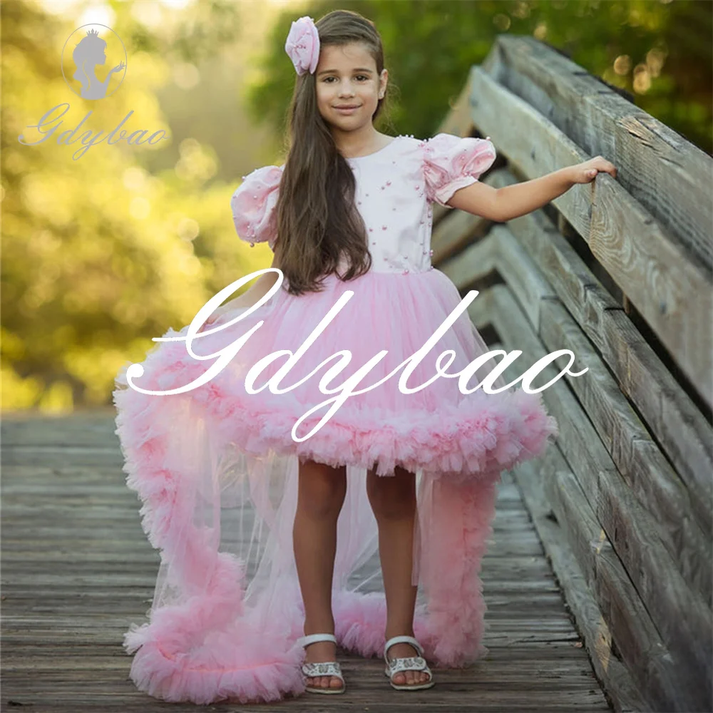

Luxury O Neck Luxury Beading Short Sleeve A Line Flower Girl Dress Knee Length Sweep Train First Communion Dress Customized