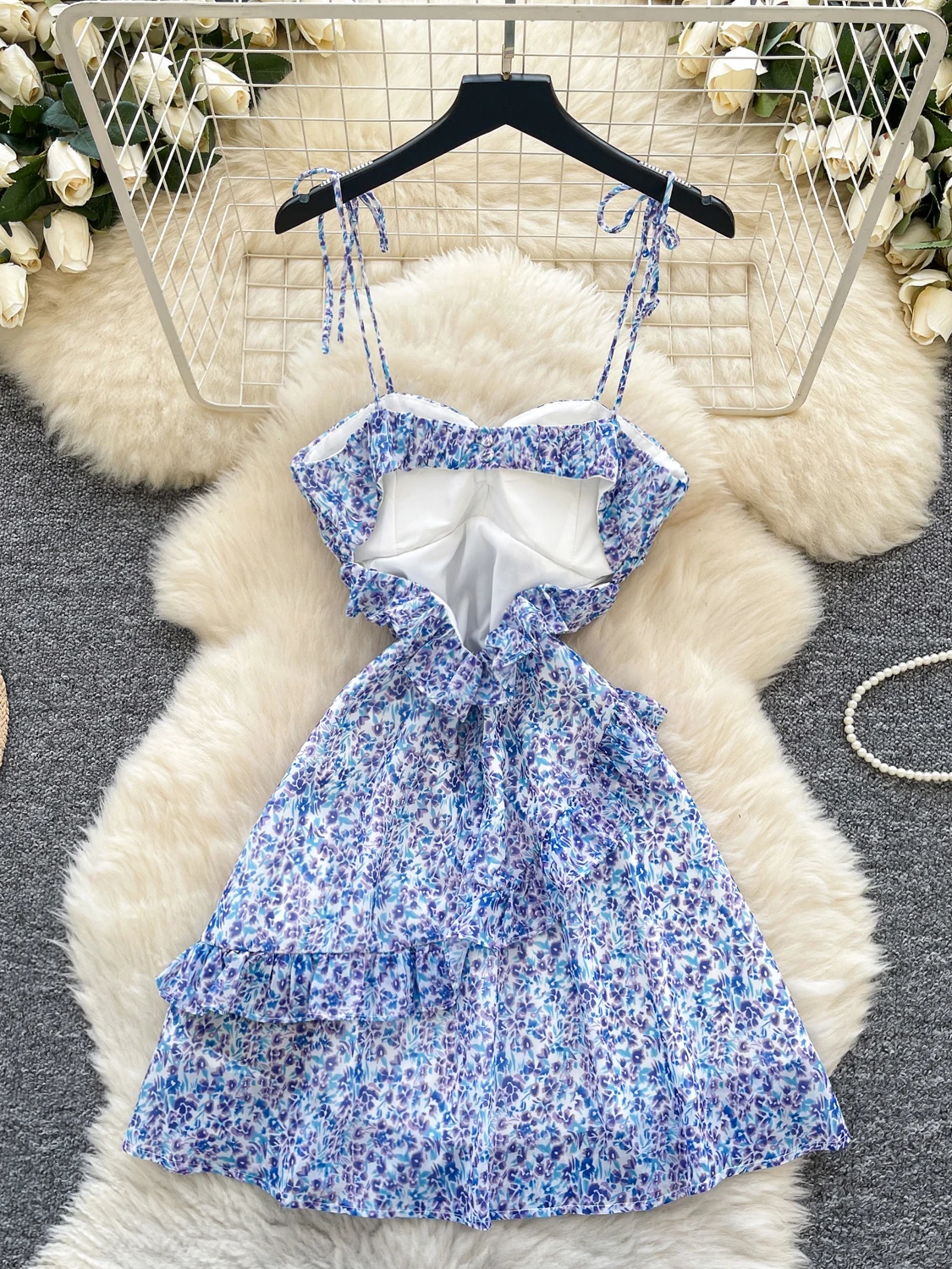 Ele Hollow out Bal Strap Dr Women's Waist Cinched Floral Snowflake Vaion Skirt ort Korean Sle Commute