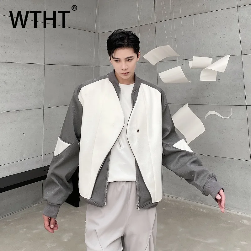 

WTHT модные мужские повседневные пальто контрастного цвета, модные осенние свободные куртки с воротником-стойкой 2024, мужские 2A1841