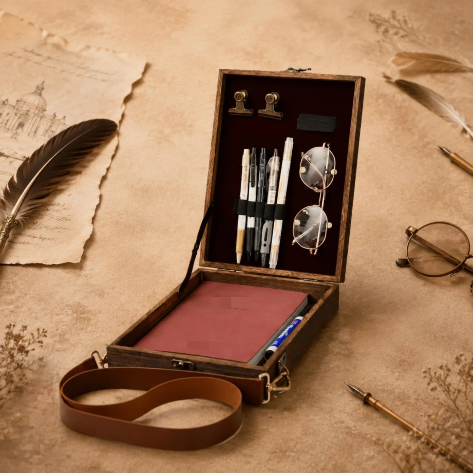 Wooden Messenger Box Sturdy Wood Crossbody Sketch Box Crossbody Wooden Bag Handmade Stationery Storage Vintage Design