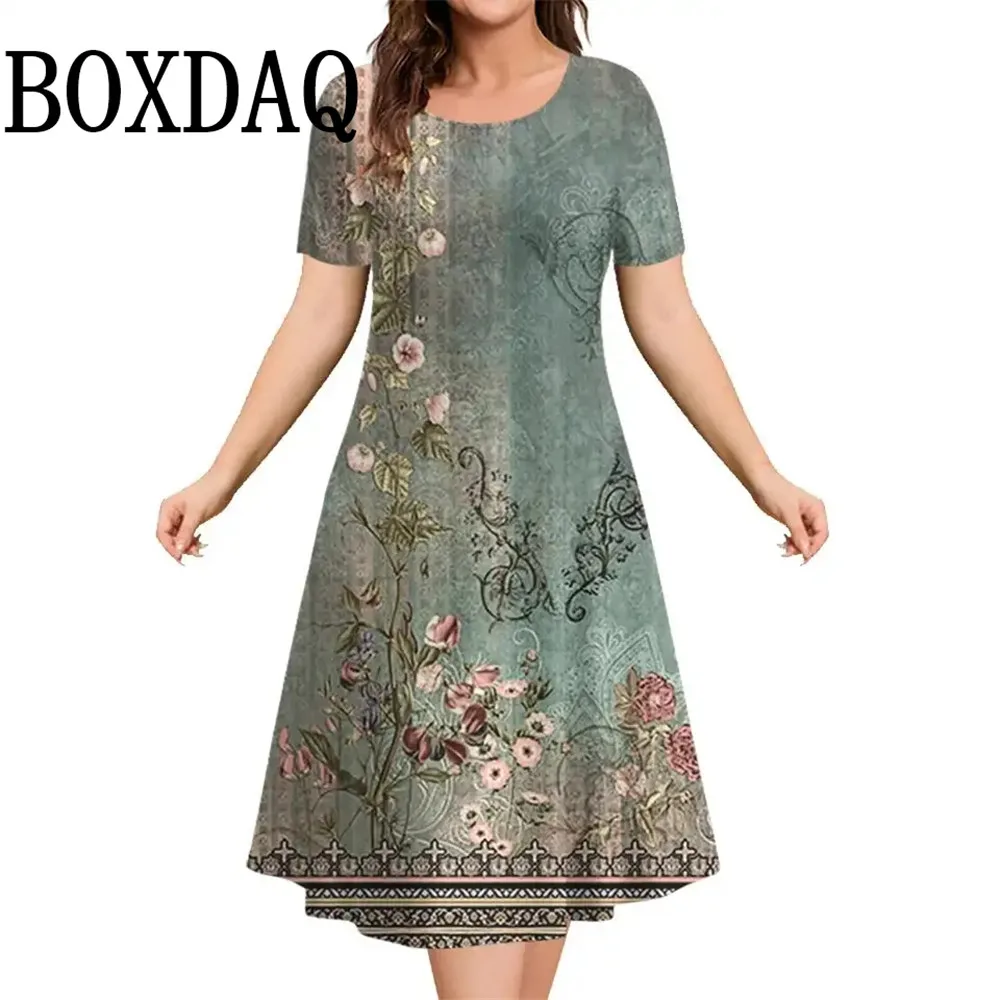 2025 New Women‘s Dresses 3D Flowers Pattern Print Short Sleeve Loose Dress Casual Fashion A-Line Dress Summer Plus Size Dresses