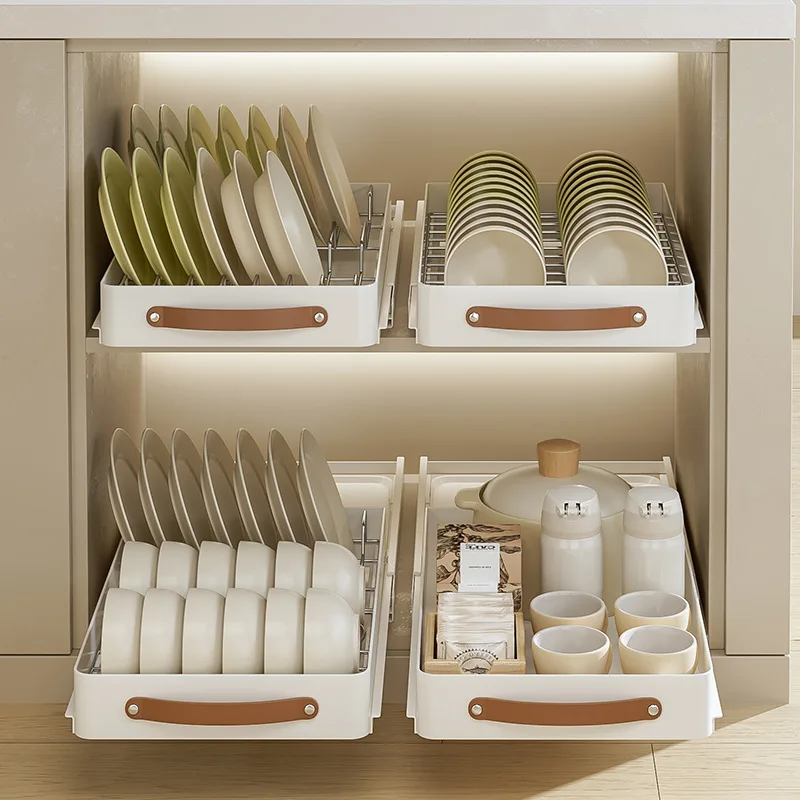 Stainless Steel Pull-Out Holder Kitchen Tableware Storage Tray Cabinet Drawer Style Basket Removable with Slide Rails Drain Rack